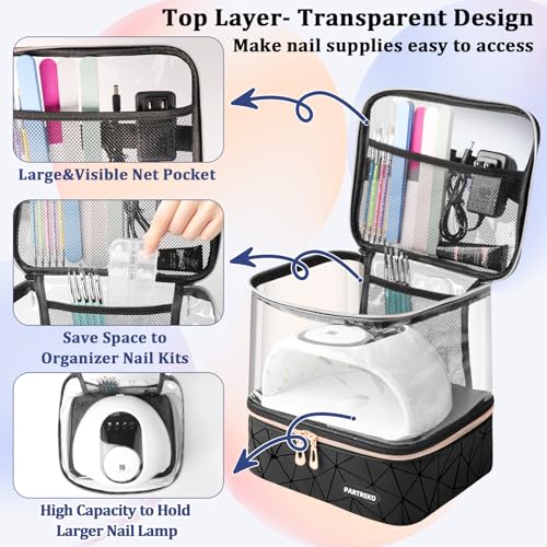 Clear Nail Polish Organizer Holds 30 Bottles (15ml/0.5fl.oz)& Nail Lamp, Double Layer Nail Supplies Organizer Case Transplant, PU Leather Nail kit Storage Bag for Manicure Tools (Black)