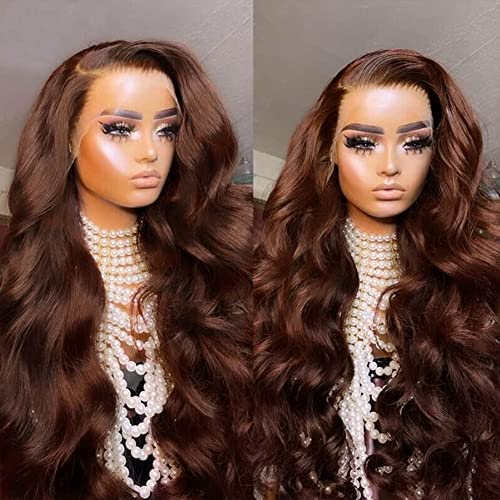 200% Density 13x4 Auburn Brown Body Wave Lace FrontWigs Chestnut Brown Colored Human HairWigs For WomenHD Transparent Lace FrontWig Human Hairwith Baby Hair 24 Inch