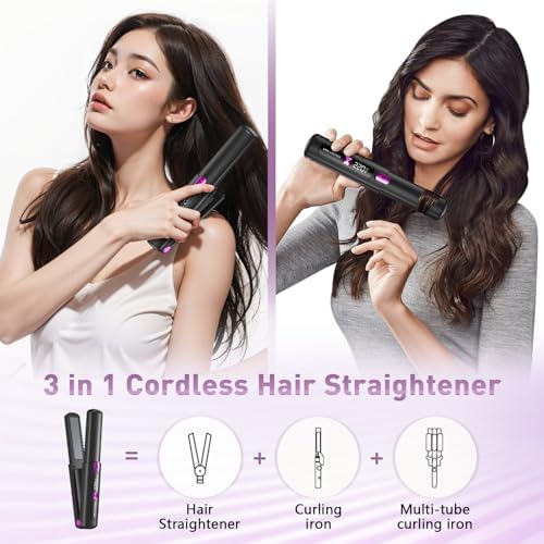 Hair Straightener,Cordless Rechargeable Flat Iron (LCD),Cordless Hair Straightener 4500mAh,Portable Travel Straightener and Curler 2 in 1,Mini Ceramic Curling Iron,USB Rechargeable Hot Tools