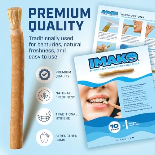 Imako Premium Miswak Toothbrush Sticks - Individually Vacuum Sealed with Travel Glass Case (10 Pack)