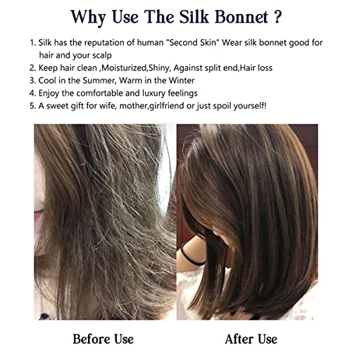 Cocheng 100% Mulberry Silk Bonnet Double-Sided Silk Sleep Cap With Adjustable Ribbon 19 Momme Silk Bonnet for Sleeping(Black)