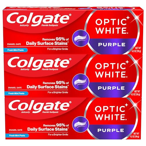 Colgate Optic White Purple Toothpaste for Whitening, Enamel-Safe Mint, 3 Pack, 4.2 oz