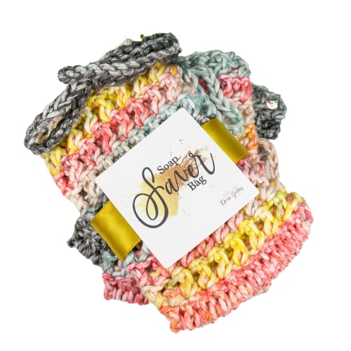 Grey Pink Yellow Blue Multi Color Crochet Soap Saver Bag - Soap Savers For Bar Soap Pouch - 3 Pack Set - Cotton Soap Sack with Drawstring