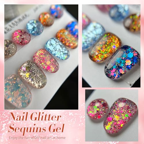 Born Pretty Glitter Sequins Gel Nail Polish, Sparkle Shiny Gel Polish, Pink Blue Gold Platinum Holiday Gift Gel Polish Design, Nail Art Starter Manicure Salon DIY at Home 7ML 6PCS