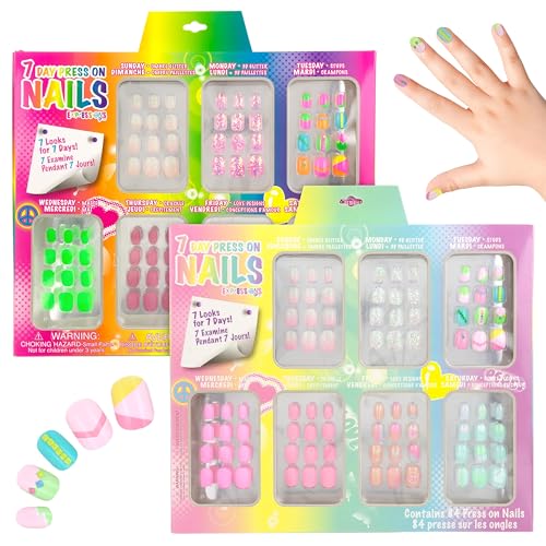 7 Day Manicure Collection - 84PC Press On Nail Set, Day-of-The-Week Adhesive False Nails for Girls (Set of Brights or Pastels) – Colorful Novelty Designs Stick On Nails for Kids