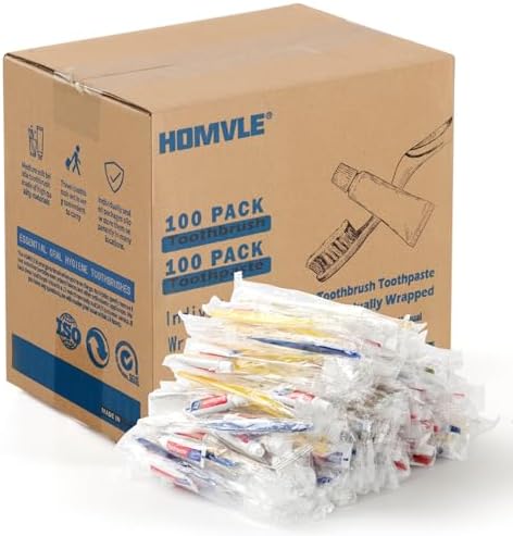 Homvle 100 Packs Disposable Toothbrushes with Toothpaste, Individually Wrapped Travel Toothbrush and Toothpaste Buld for Travel Size Toiletries, OCC, Airbnb, Dentist, Office/4 Colorful