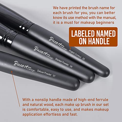 Bueart Design 19Pcs ULTRA SOFT Black labeled DENSE HAIR Makeup Brushes set Contains large powder Flat Foundation Ultimate Blending Make up Brush set Blush Face Brush Concealers contour Eyeshadow