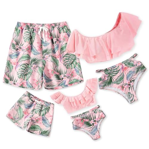 IFFEI Family Matching Swimsuits Two Pieces Leaves Printed Ruffles Bikini Set Off Shoulder Mommy and Me Bathing Suits Pink Boys: 2 Years