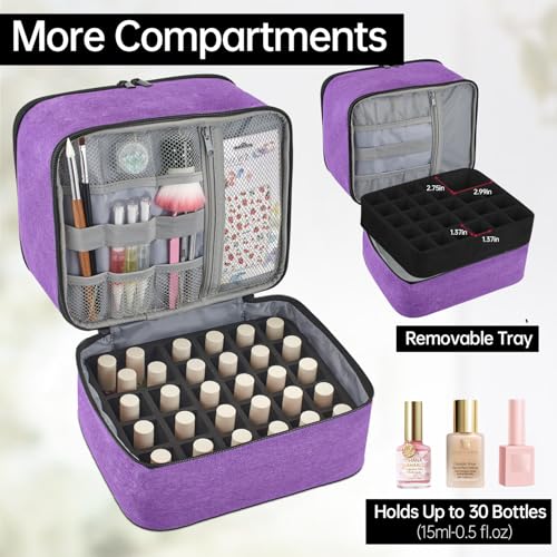 Buruis Double-Layer Nail Polish Organizer Bag, Holds 27 Bottles (15ML/0.5 FL.OZ or Larger), Nail Tools & Dryer Storage Case with Adjustable Dividers (Purple)