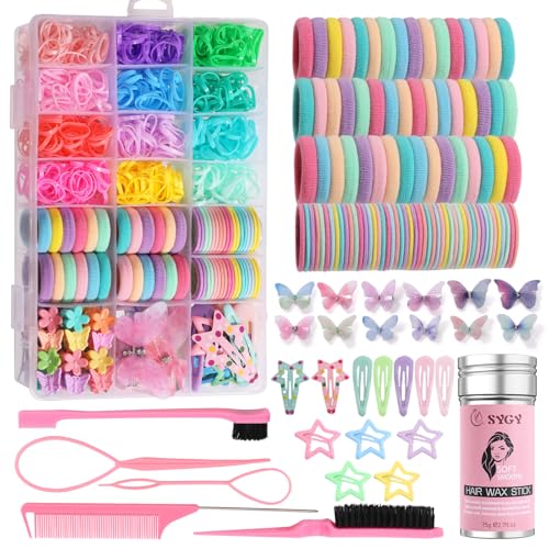 Hair Accessories for Girls, 1350P Colorful Hair Ties with 44P Hair Clips, Glitter Butterfly Hair Clips for Kids, Hair Wax Stick, Butterfly Hair Claws, Hair Barrettes with Hair Comb Set & Organizer Box