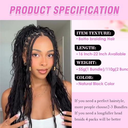 Human Braiding Hair for Boho Braids 110g 2 Bundles/Pack Deep Wave 12A Curly Brazilian Virgin Hair Extensions No Weft Knotless Bulk (1B-Black Deep-Wave, 20 Inch-110g)