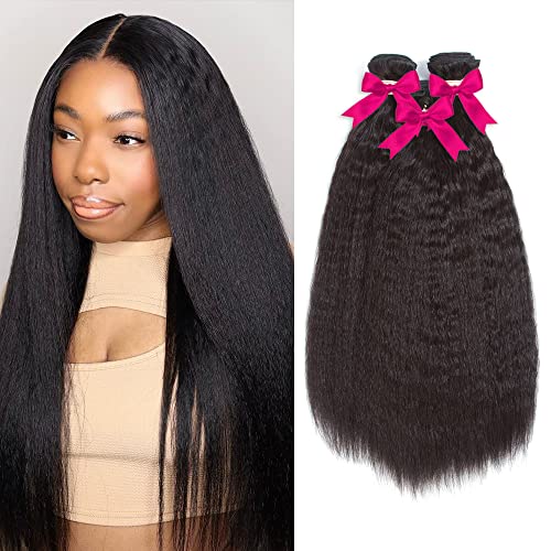 Kinky Straight Bundles, Kerriana 20 22 24 Inch Human Hair Bundles 100% Unprocessed Brazilian 3 bundles For Black Women Natural Black Color