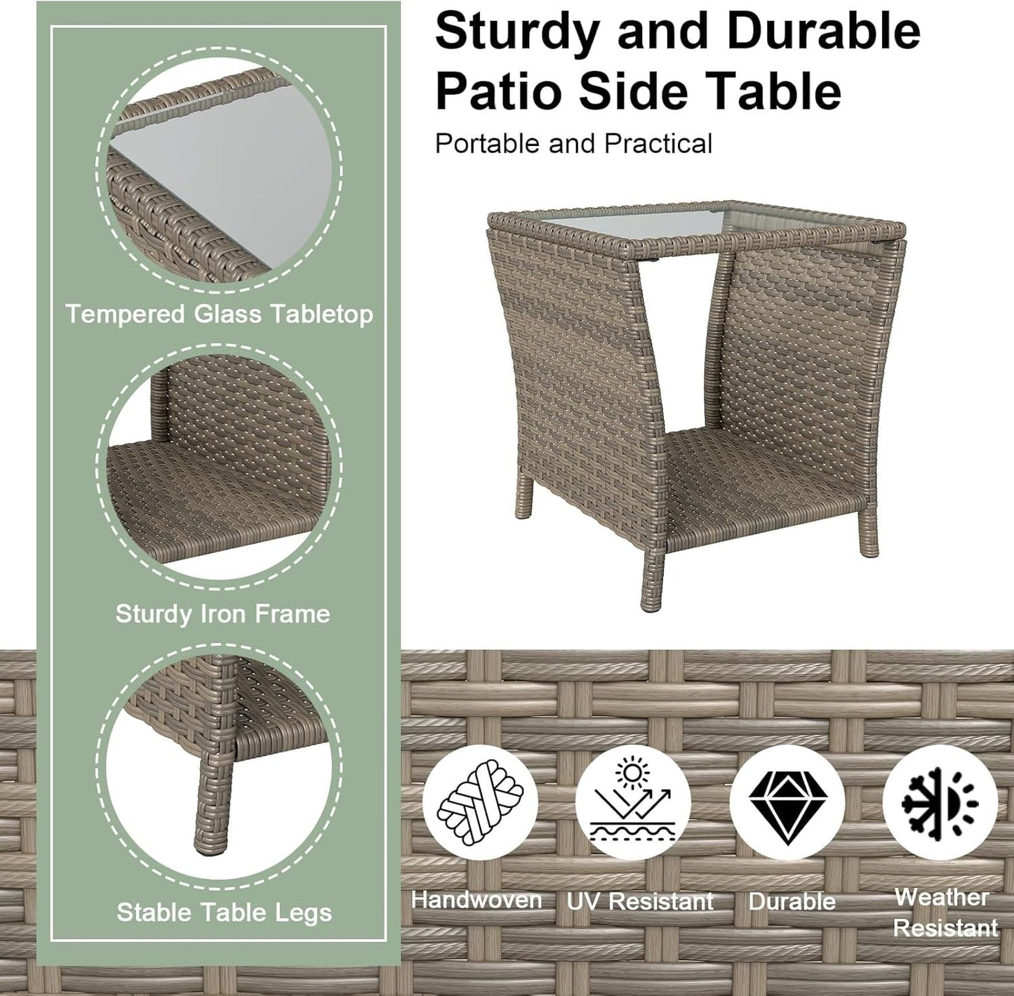 Kinbor Small Patio Table, Tempered Glass Top Outdoor Wicker Side Table with Storage Shelf, Durable PE Rattan & Iron Frame, Mixed Dark Brown