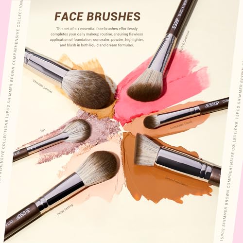 Jessup Makeup Brushes Set 15pcs Brown Make up Brushes Set Professional Premium Synthetic Foundation Eyebrow Concealer Blush Eyeshadow Contour Eyeliner Powder Blending Highlighter Brush, T498