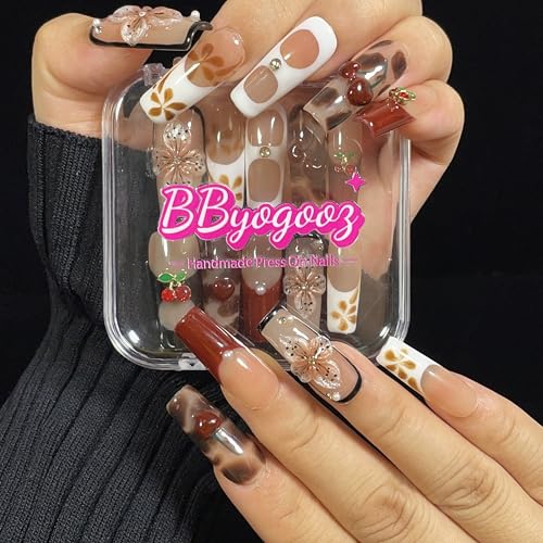 Handmade Press On Nails Square 3D Floral Cherry Blossom Leopard French Fake Nails wtih Design, Reusable Acrylic False Nails Gift Set (Cherry, S)