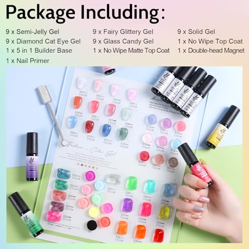 Lavender Violets 49 PCS Gel Nail Polish Set, 45 Colors Cat Eye Reflective Glitter Gel Polish with Nail Primer, Base Coat, Glossy & Matte Top Coat Jelly Nude Red Brown Gifts for Women