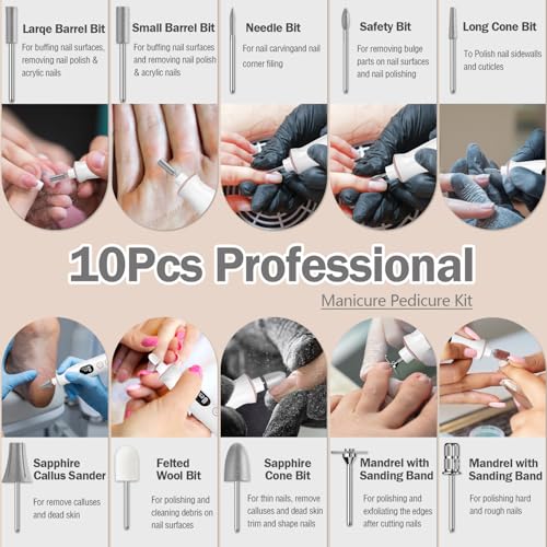 Cordless Electric Nail File Set, 10 Speeds Professional Manicure Pedicure Kit with LED Light, Portable Nail Drill for Natural & Acrylic Nails, Human & Pet Thick Toenails, w 120*Sanding Bands (White)