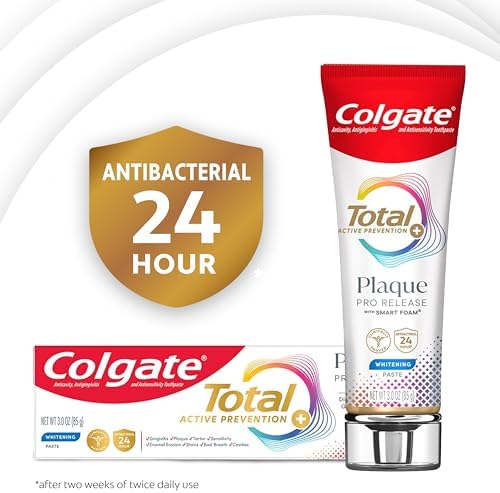 Colgate Total Plaque Pro Release Whitening Toothpaste Pack, Whitening Fluoride Toothpaste, Fights Plaque, Bad Breath, Tartar Buildup, and Helps Protect Teeth from Sensitivity, 2 Pack, 3.0 oz