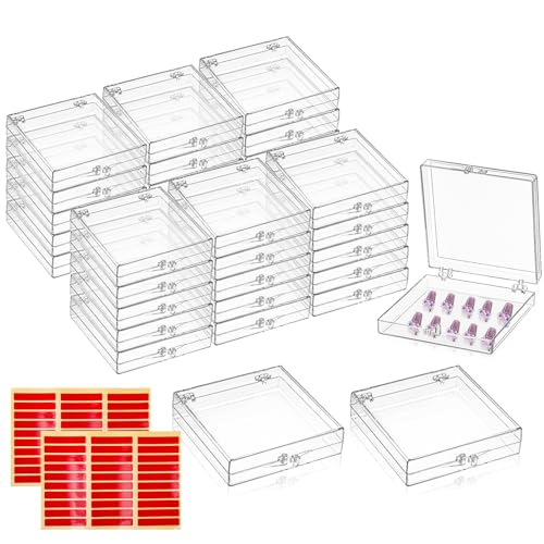 Jucoan 30 Pack Press on Nail Boxes, 2.75 X 2.75 Inch Acrylic False Nail Art Tips Storage Box Clear Nail Package Box, Nail Organizer Display Case Container with Adhesive Nail Tapes for False Nail