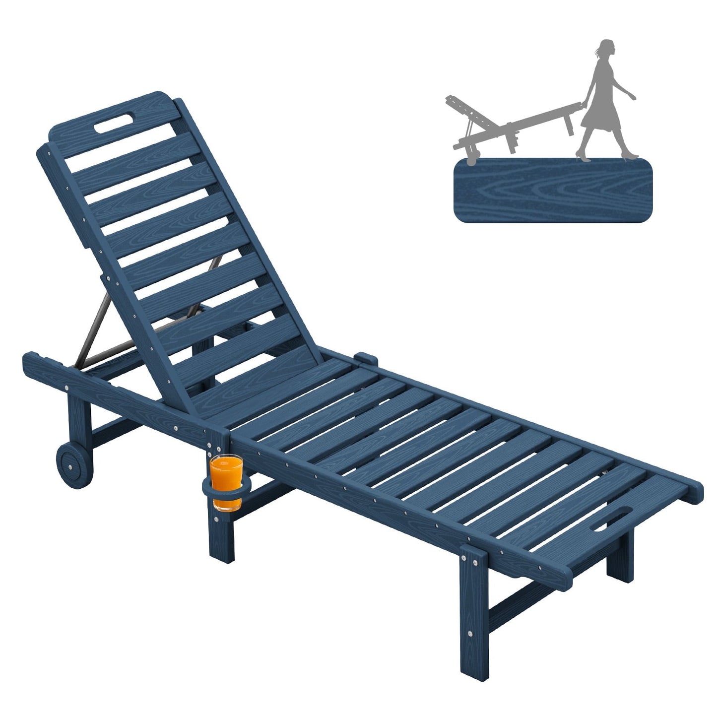 JUSTLET HDPE Outdoor Chaise Lounge Chair with Wheels & Cup Holder,5 Position Adjustable Backrest for Patio & Balcony & Garden & Poolside & Beach, Navy Blue
