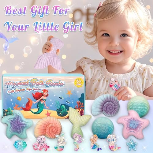 8 Packs Bath Bombs for Kids Girls, Mermaid Bath Bomb with Surprise Toys Inside, Princess Bubble Bath Toys for Kids Aged 4-8, Christmas Birthday Gifts for Girls 3 4 5 6 7 8
