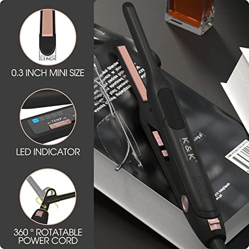 K&K Mini Flat Iron for Short Hair 3/10 inch Small Hair Straightener for Pixie & Beard creamic Flat Iron for Women Dual Voltage, Auto Shut Off
