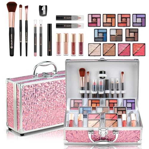 Color Nymph Starter Makeup Kit for Tweens Girls, Train Case for Women Full Kit with Eye Shadow, Lipstick, Blush, Brushes, Lipgloss, Mascara, Brow Wax and Mirror Pink Full Starter Cosmetics Set