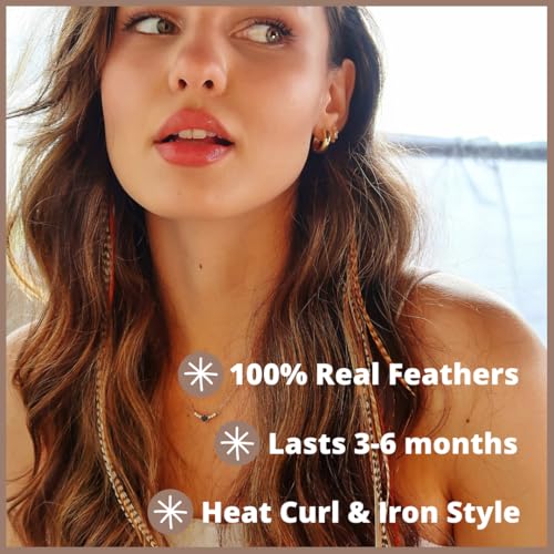 Hair Feathers Kit, 20 Beautiful Feathers for Hair, Brown Black White Long Feather Extensions with beads and loop tool, 100% Real Rooster Boho Soft Natural Feather Accessories