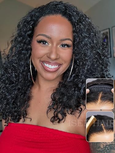 ISEE Half Wig Human Hair Water Wave Human Hair Glueless Wigs Seamless Clip Ins Flip Over Wear Go Wig Invisible Hairline Beginner Friendly 20 Inch
