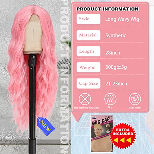 Cosplay Long Pink Wig 28 Inch Middle Part Synthetic Wig Realistic Gifts Party Wigs for Women Daily Use Colorful Wigs (Pink)