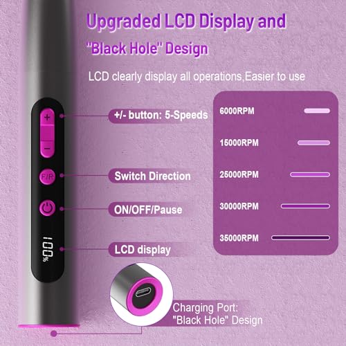 Cordless Electric Nail Drill Professional, Acrylic Nail Kit for Nail Polish Remover, Electric Nail File Buffer Grinder, Portable Rechargeable Nail Filer Electric Manicure and Pedicure kit