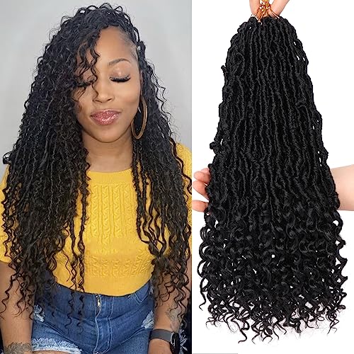 Leeven 7 Packs Faux Locs With Curly Ends 18 Inch Pre-looped Goddess Locs Crochet Hair 84 Strands Natural Black Crochet Bohemian Soft Locs Braiding Hair Extensions With Curls for Women 1B#