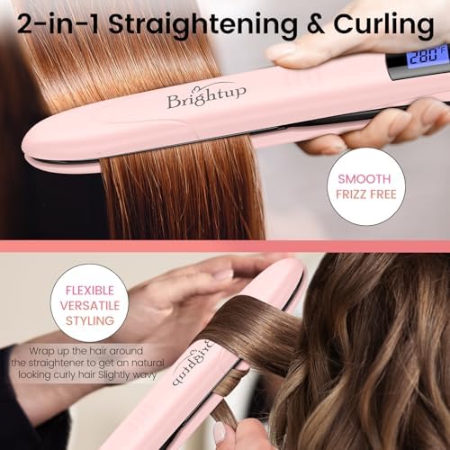 Brightup Tourmaline Ceramic Hair Straightener and Curler 2 in 1 with 1 Inch Vibrating Plates, Ionic Flat Iron with 10 Temp Control/Auto Shut Off, 20S Fast Heating for Smooth Long Lasting Results, Pink