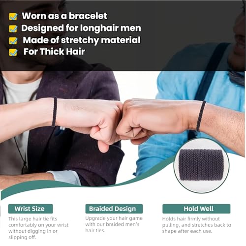 Large Braided Mens Hair Ties, Man Hair bands for Longhairs Men Bun, Black Pony Tails Ties for Women,Guys, Bracelet Hair Tie,For Thick and Thin Hair,12 Packs,Durable (Black)