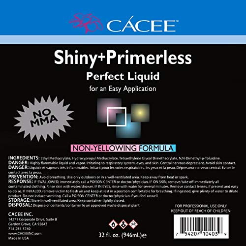 Cacee Shiny + Primerless Acrylic Nail Liquid - Professional Monomer Acrylic Nail Liquid Holder, Compatible with All Powders and Brushes, 32 Oz, No Primer Required, USA Made