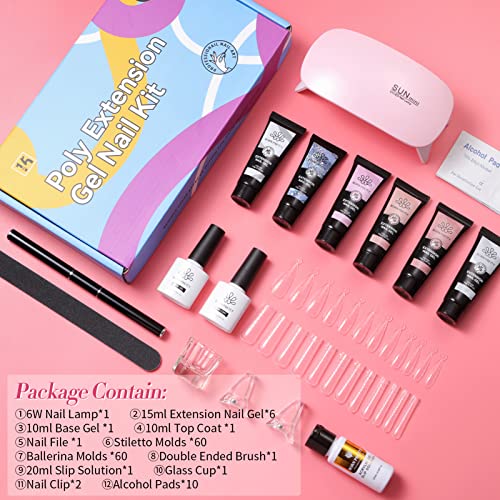 BORN PRETTY Poly Nail Extension Gel Kit-6 Colors Poly Nails Gel Kit Nude Clear Jelly Pink All In One Kit Builder Glue Gel with Nail Lamp Base Top Coat Set Nail Forms French Manicure Set for Beginner Starter DIY at Home Mother's Day Gifts