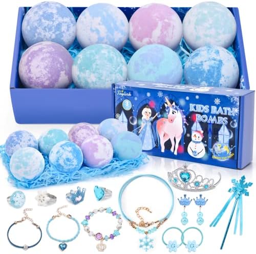 Kids Bath Bombs for Girls with Surprise Toys Inside, 8 Pack Natural Bath Bombs Handmade Spa Bath Fizzies with Jewelry Set Birthday Christmas Gift