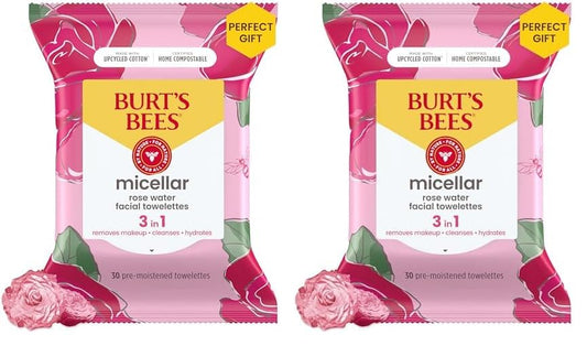 Burt's Bees Micellar Facial Towelettes With Rose Water, Pre-Moistened Towelettes for All Skin Types, 99.5 Percent Natural Origin Skin Care, 30 ct. Package (Pack of 2)