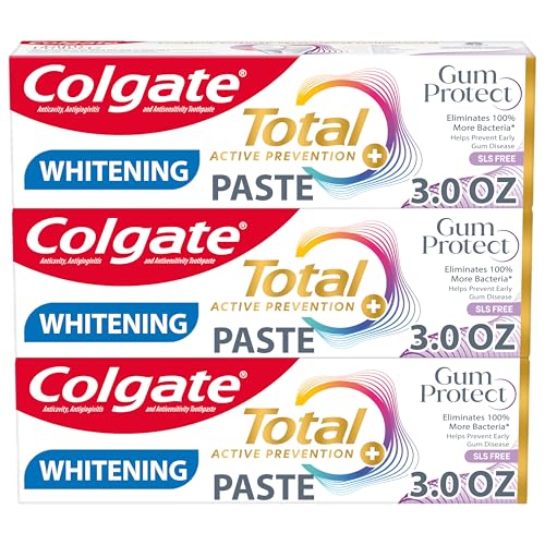 Colgate Total Active Prevention Gum Protect Whitening Toothpaste, Toothpaste for Inflammation, Redness, Bleeding, Irritation, and Sensitivity, SLS Free, 3 Pack, 3.0 oz