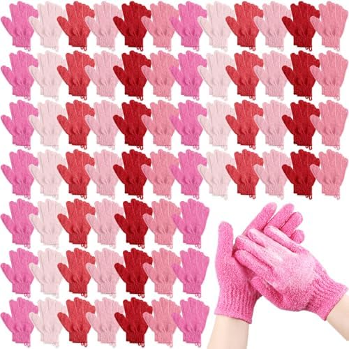 Cuffbow 90 Pcs Exfoliating Double Sided Bath Gloves with Hanging Loop Colorful Body Shower Gloves for Men Women Beauty Spa Massage Shower Clean Body Skin Bathing Scrubber Accessories (Pink Colors)
