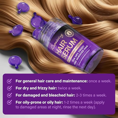 Hair Serum Capsules – Keratin & Silk Protein Hair Treatment with Argan, Coconut, Jojoba & Avocado Oils – Leave‑In Anti‑Frizz Hair Oil w/ Vitamins A, E & B5 for Dry, Damaged Hair – No Rinse, 30 ct