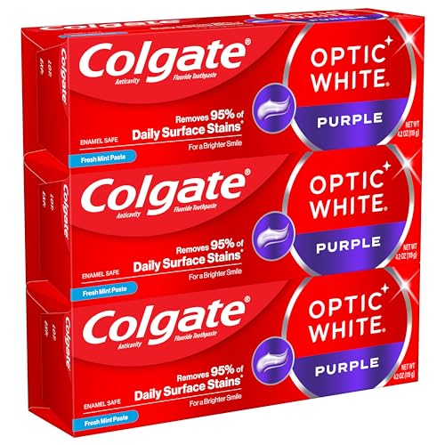 Colgate Optic White Purple Toothpaste for Whitening, Enamel-Safe Mint, 3 Pack, 4.2 oz