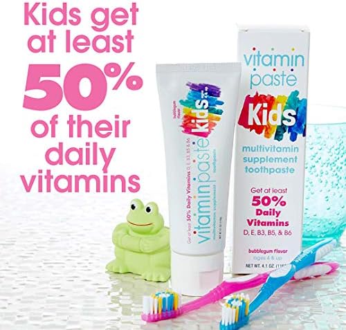 Kids Toothpaste with Daily Multivitamins B3, B5, B6, D, E, Xylitol, Calcium, Fluoride Free, Fresh Breath, Fights Tarter, Anti-Cavity, Safe to Swallow, 4.1oz, Bubble Gum Flavor