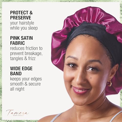 CONAIR x Tamera Mowry Housley Collection Satin Hair Bonnet with Bonus Pillowcase for Sleeping Set - Use on long and short lengths - preserve curls and braids - sleep cap for women - 2 piece bundle