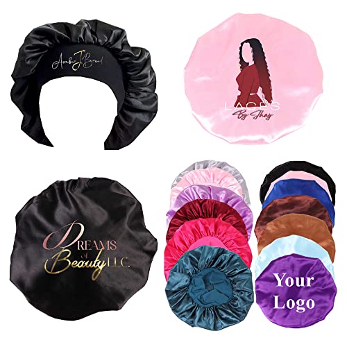 Customize Satin Bonnet Silk Hair Bonnet for Sleeping Black Women, 10 PCS Custom Private Logo Hair Wrap Cap (Logo on top, Coffee)