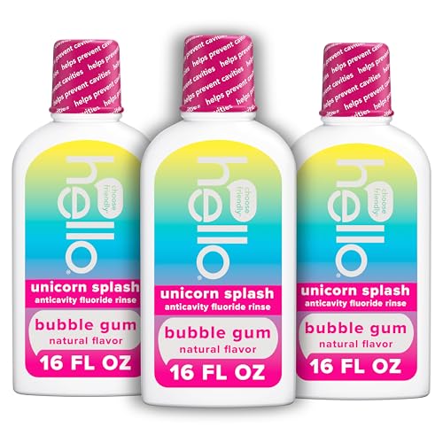 Hello Kids Mouthwash with Unicorn Bubble Gum Flavor, Alcohol Free Mouthwash for Kids with Fluoride, Safe for Ages 6 and Up, Anticavity, Vegan, No Alcohol, No Dyes, 16 Oz Bottles (Pack of 3)