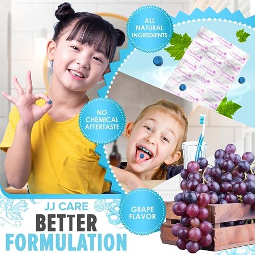 JJ Care Disclosing Tablets for Teeth- 102 Count, Individually Wrapped Plaque Disclosing Tablets for Kids Brushing Teeth, Grape Flavored Plaque Remover, Dental Care for Brushing