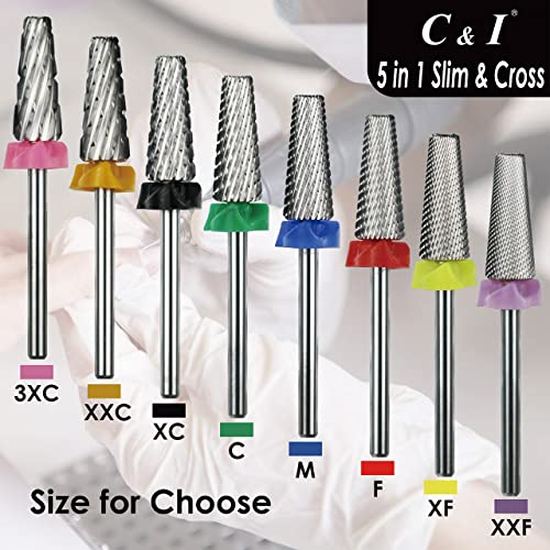 C & I 5 in 1 Nail Drill Bit, Cross & Slim Edition, Professional Nail Drills for Electric Manicure Drill Machine (Double Fine -XXF)