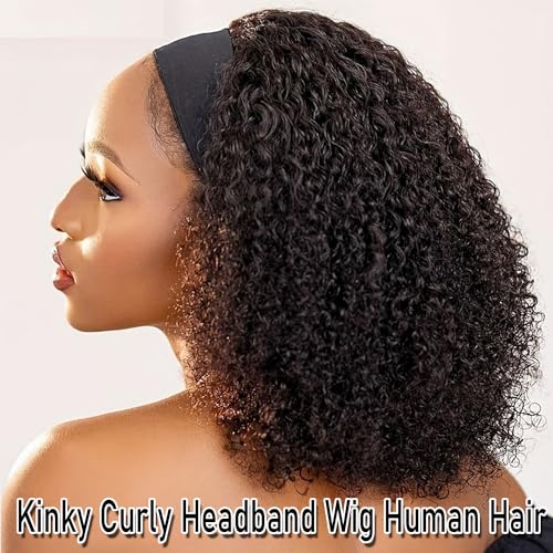 Headband Wig Human Hair Kinky Curly Headband Wigs for Black Women Human Hair Headband Wig Curly Human Hair Wigs Brazilian Virgin Hair Wear and Go Glueless Wig Natural Color 150% Density 14 Inch
