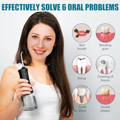 Cordless Water Dental Flosser for Teeth, 300ml Rechargeable Oral Irrigator Cleaning, 4 Modes & 6 Jet Tips, IPX7 Waterproof, Portable Dental Flosser for Braces & Travel, Black
